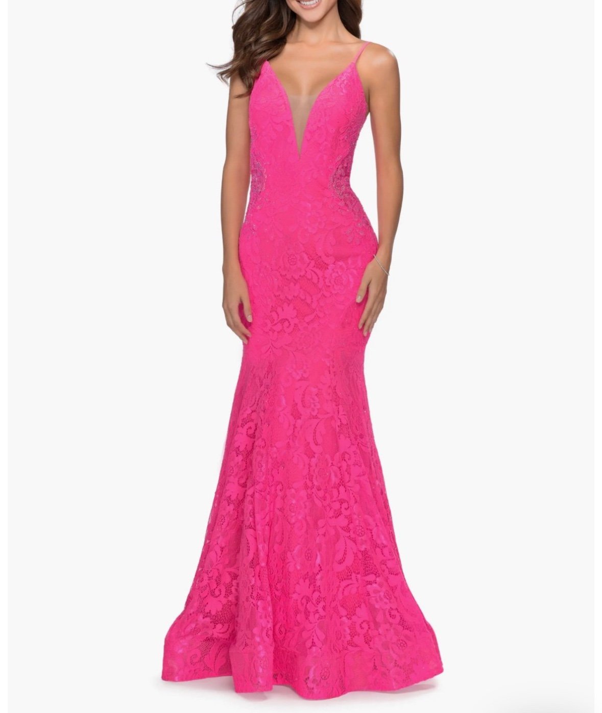 La Femme Sleeveless Lace Mermaid Gown in Neon Pink