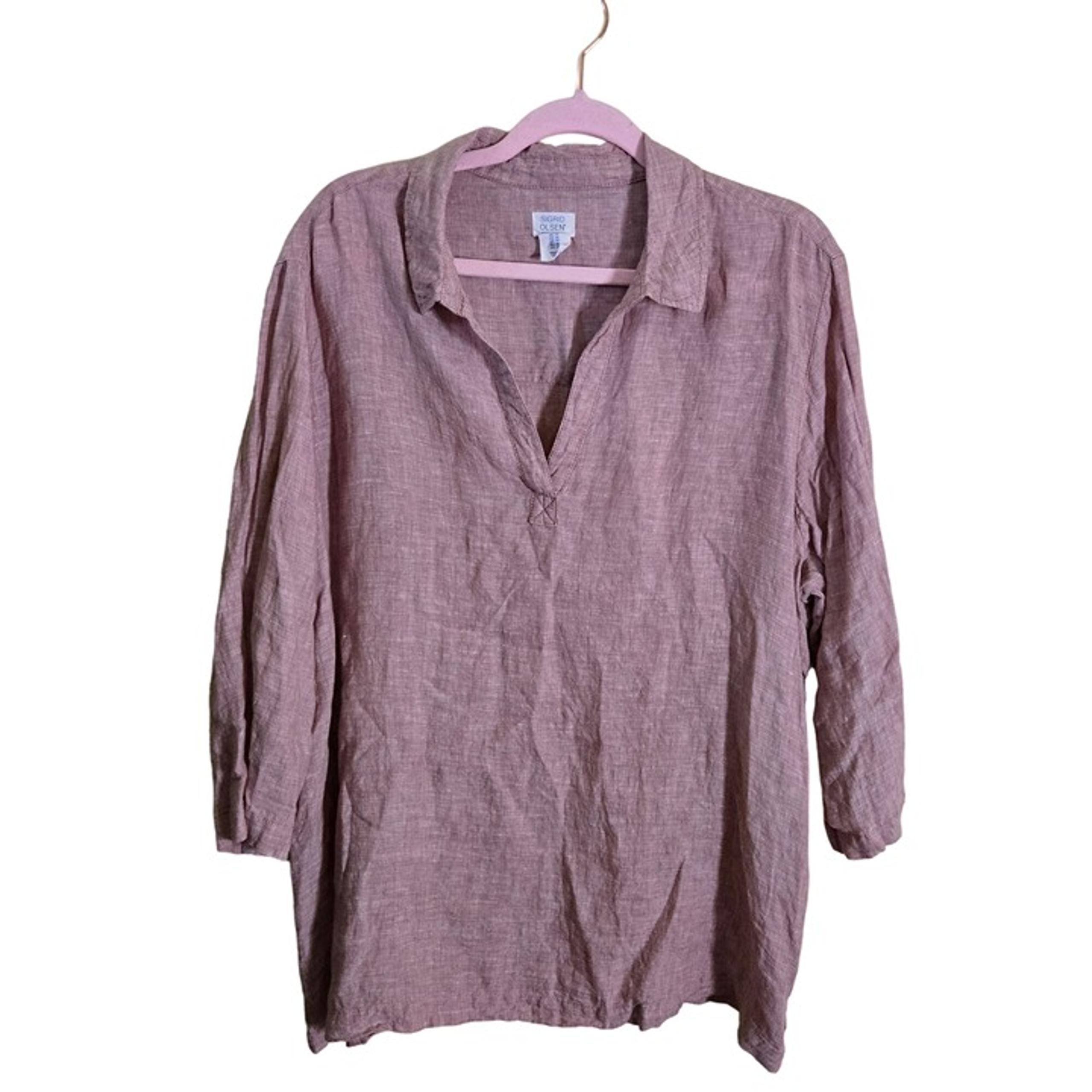 Sigrid Olsen 100% Linen Lagonlook Pink V Neck Collared Popover Tunic Top Size 1X