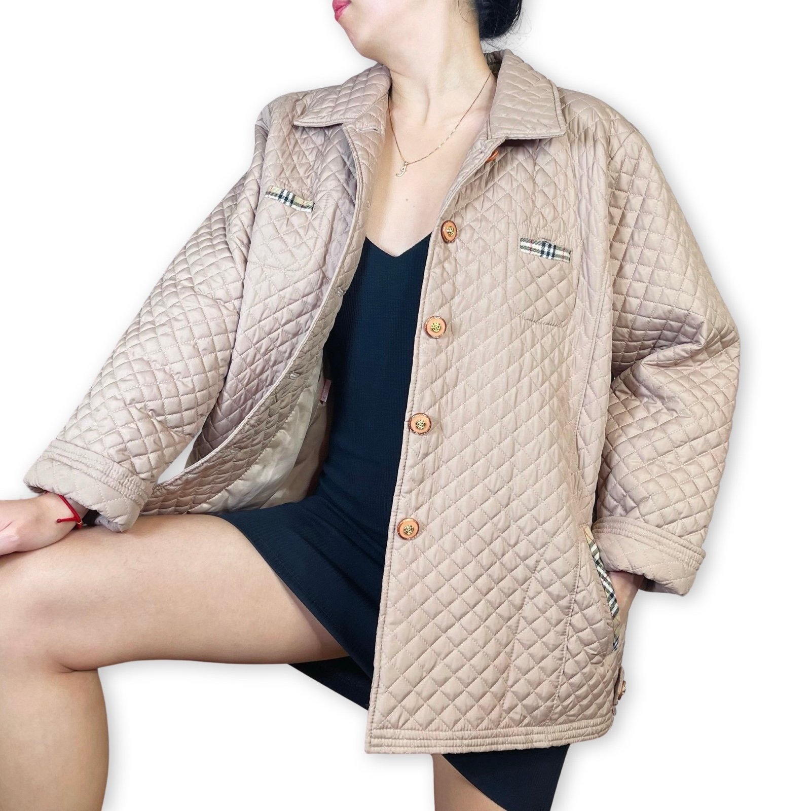 Elcant Tan Nova Check Quilted Jacket Fits S-M