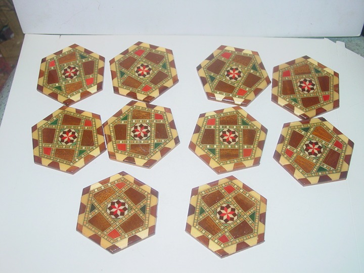 Set of 10 Inlaid Wooden Coasters from Spain