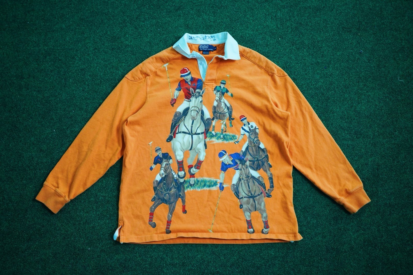 2005 JUST BLAZE AUTOGRAPHED POLO RALPH LAUREN RUGBY- resort orange 5 horsemen