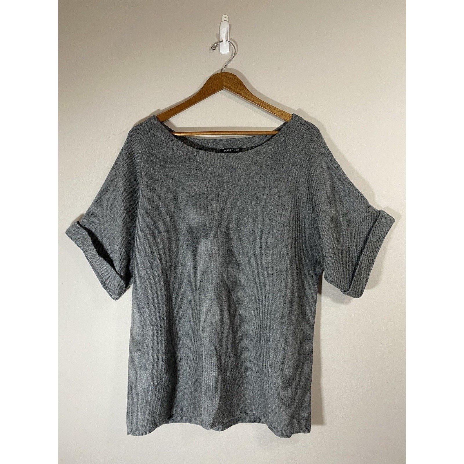 Eileen Fisher Sweater Womens L Gray Merino Wool Cuffed Short Sleeve Relaxed Knit