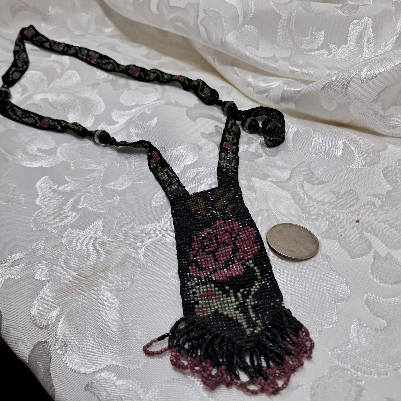 Necklace BEADED PINK ROSE Vintage BOHO VICTORIAN HANDMADE