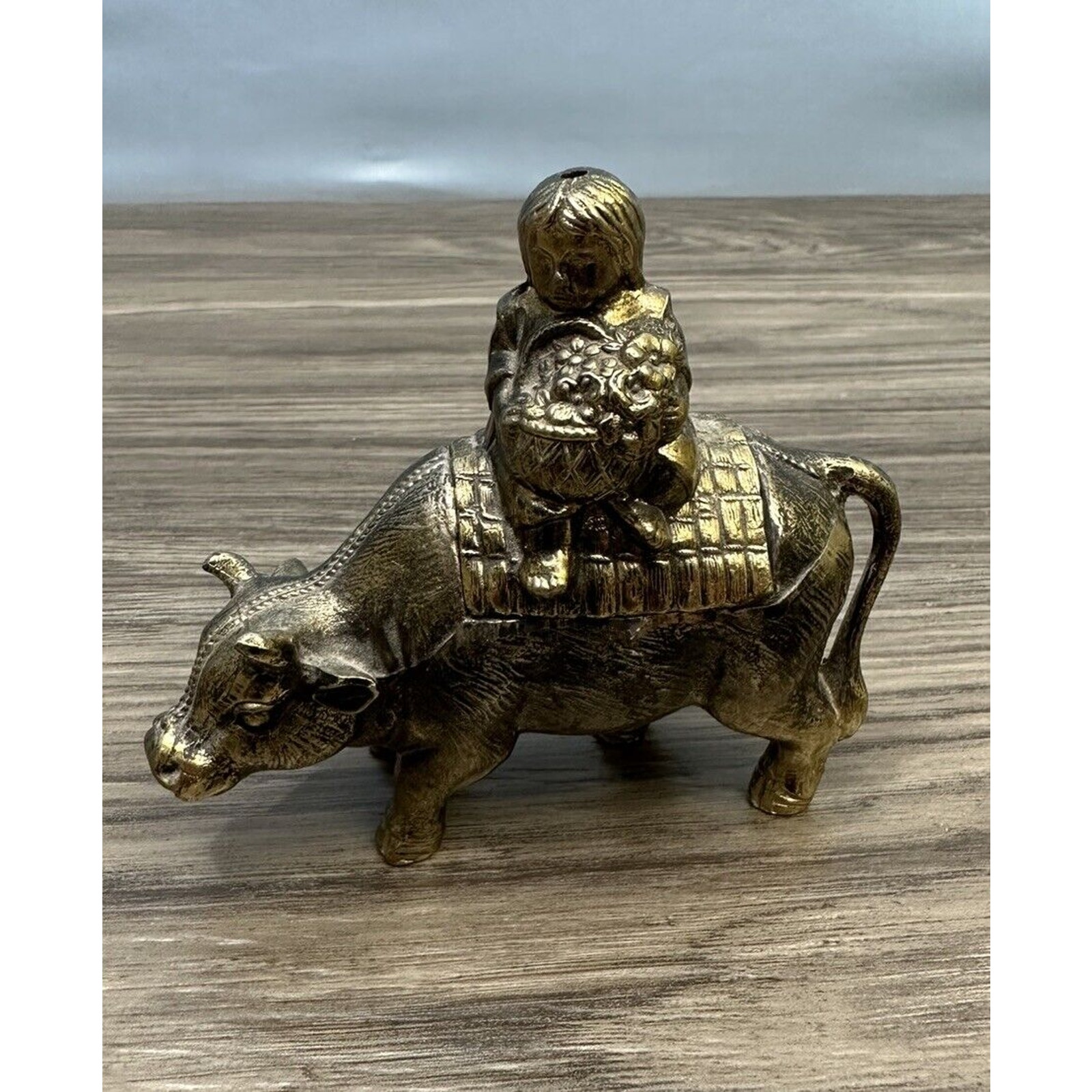 Vintage Brass Incense Burner Child Ox Flowers Cow Metal Figurine 3.5 Tall Japan