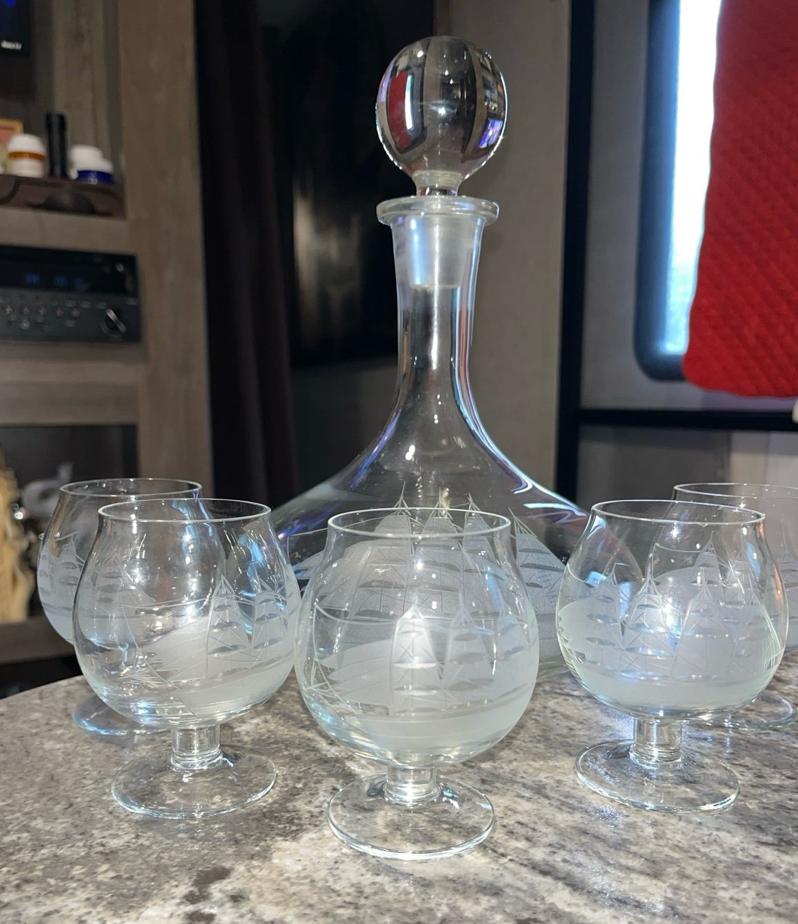 Vintage Etched Crystal Clipper Boat Liquor Decanter Set of 5 Toscany Javit Etche