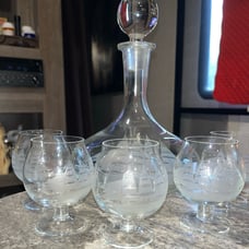 Vintage Etched Crystal Clipper Boat Liquor Decanter Set of 5 Toscany Javit Etche