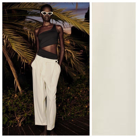 NWT. Zara Oyster-White High-Waist Double Darted Carrot Fit Trousers. Size S.