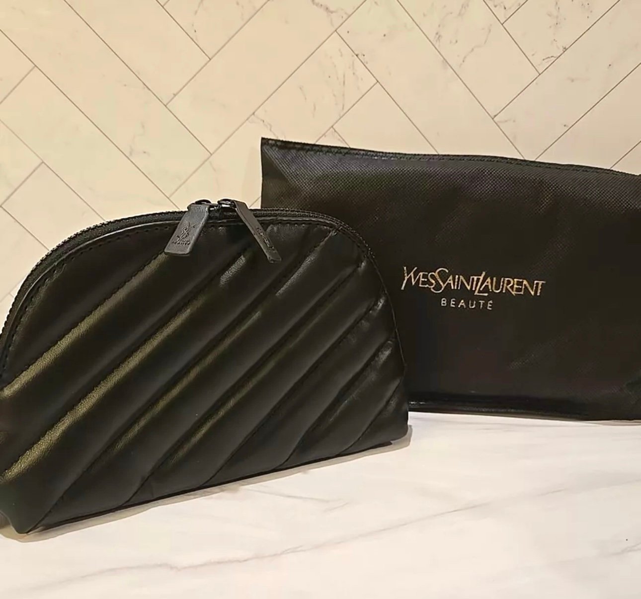 YSL Yves Saint Laurent Faux Leather Black Pouch~ Makeup Beauty Bag Case-NEW