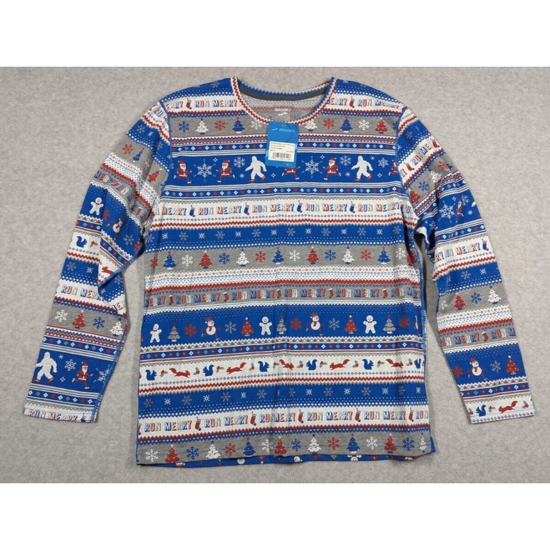 Brooks Top Men XL Distance Graphic Long Sleeve Christmas Holiday Festive Jolly