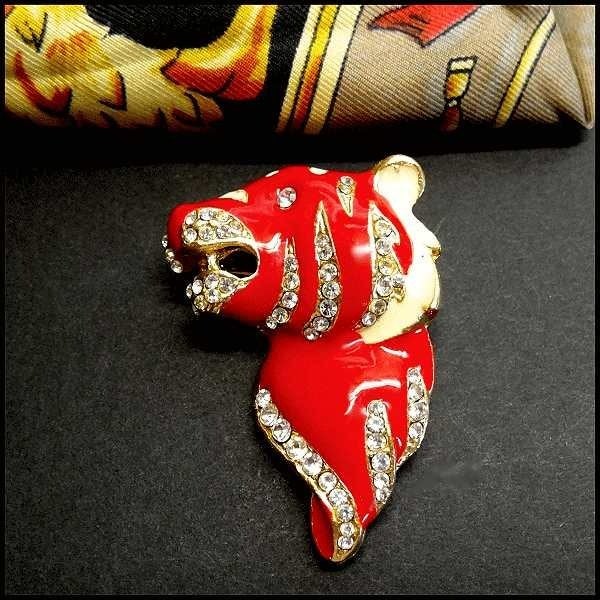 KJL? Vintage Designer Red Rhinestone Tiger Pin