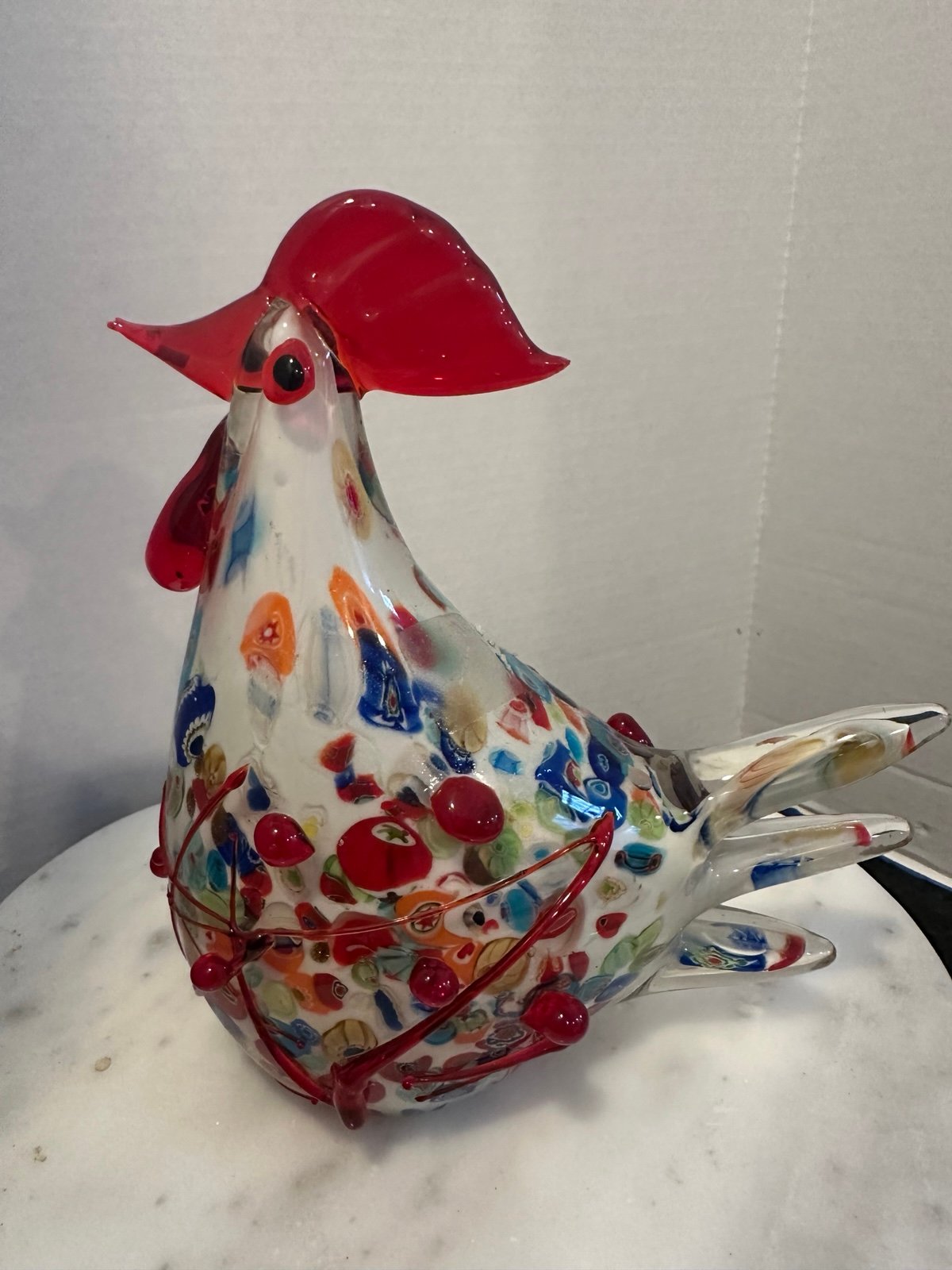 Murano Style 8-1/2" Blown Glass Rooster with Millefiori Speckles White Art Glass