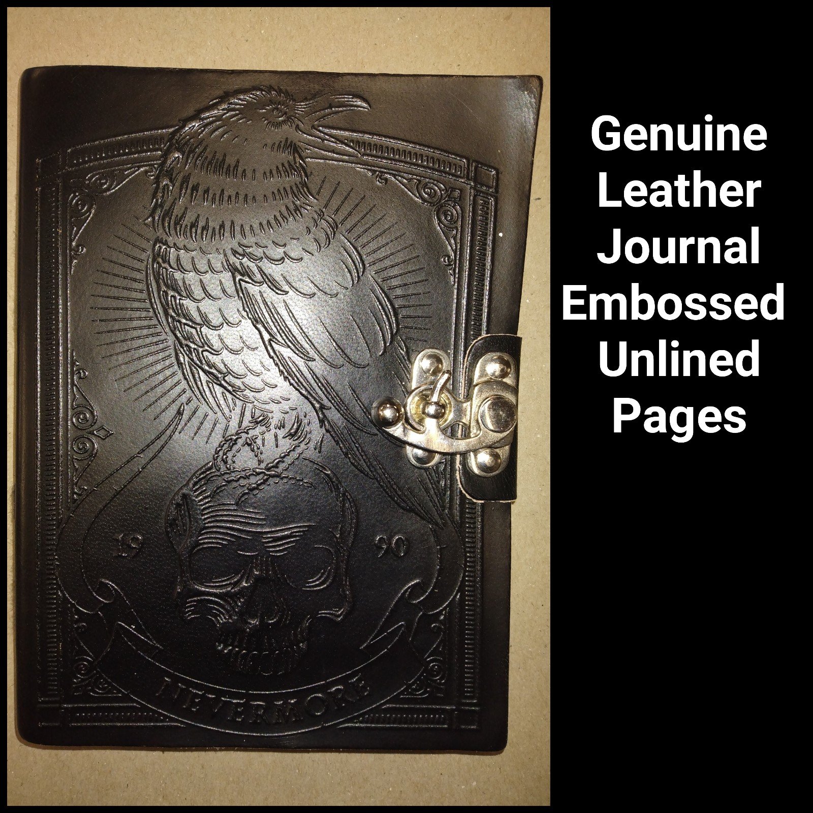 NEW Embossed Genuine Leather Journal, Black Raven and Skull