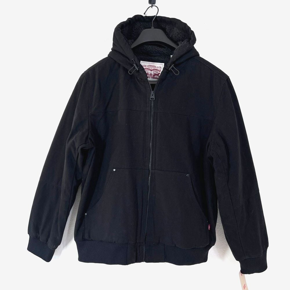 Levis Sherpa Lined Hooded Canvas Jacket Mens Medium Black Trucker Commuter Work