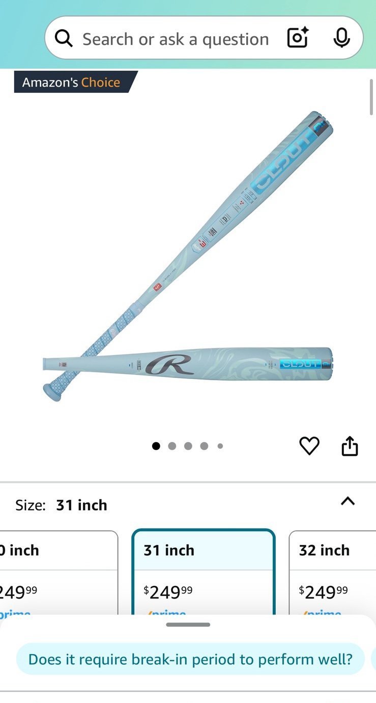 Rawlings 2025 Clout AI Baseball Bat BBCOR -3 Drop 2 5/8 Barrel 31”