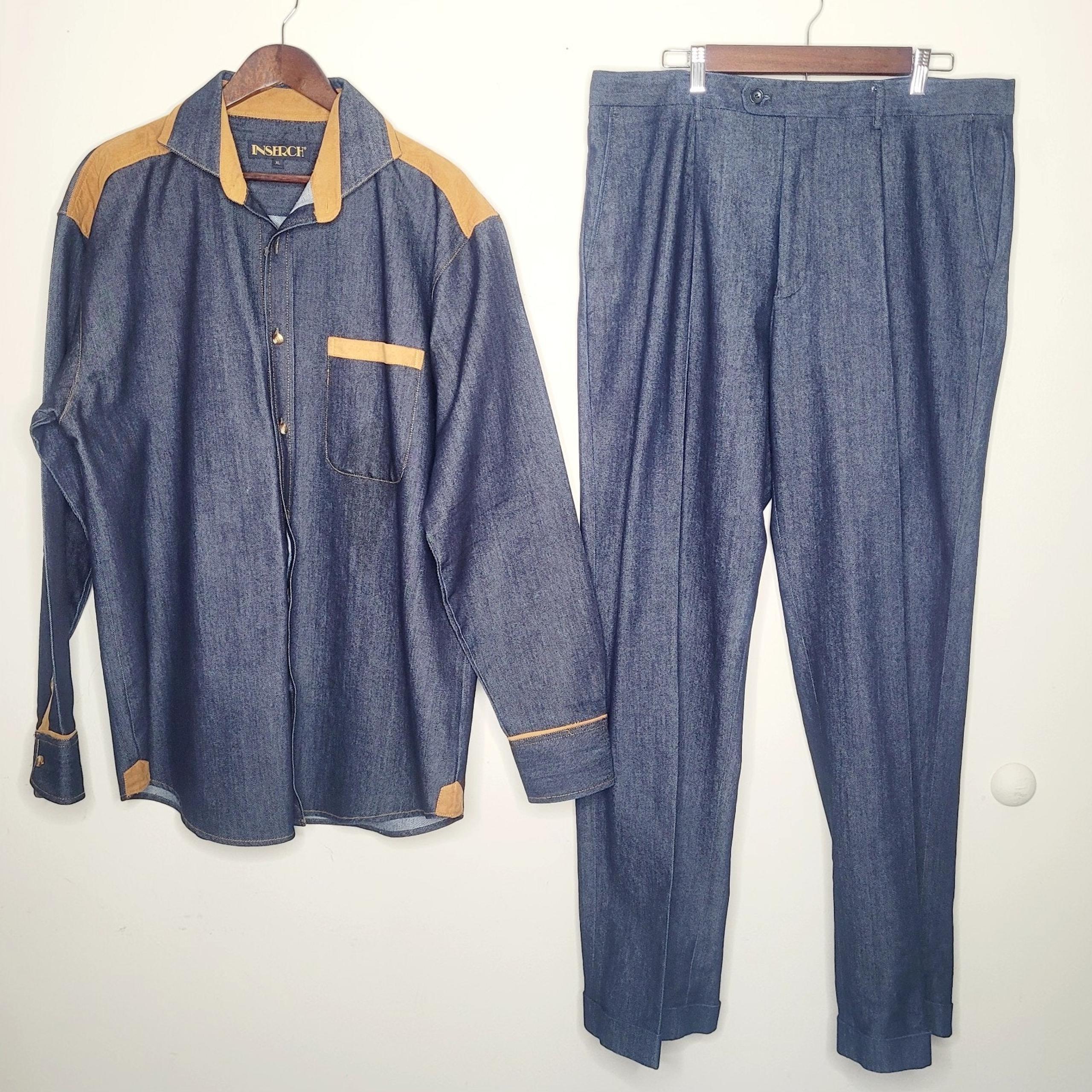 Inserch Denim Long Sleeve Button Up Shirt Sz XL Pants Sz 38 Faux Suede Trim POEC