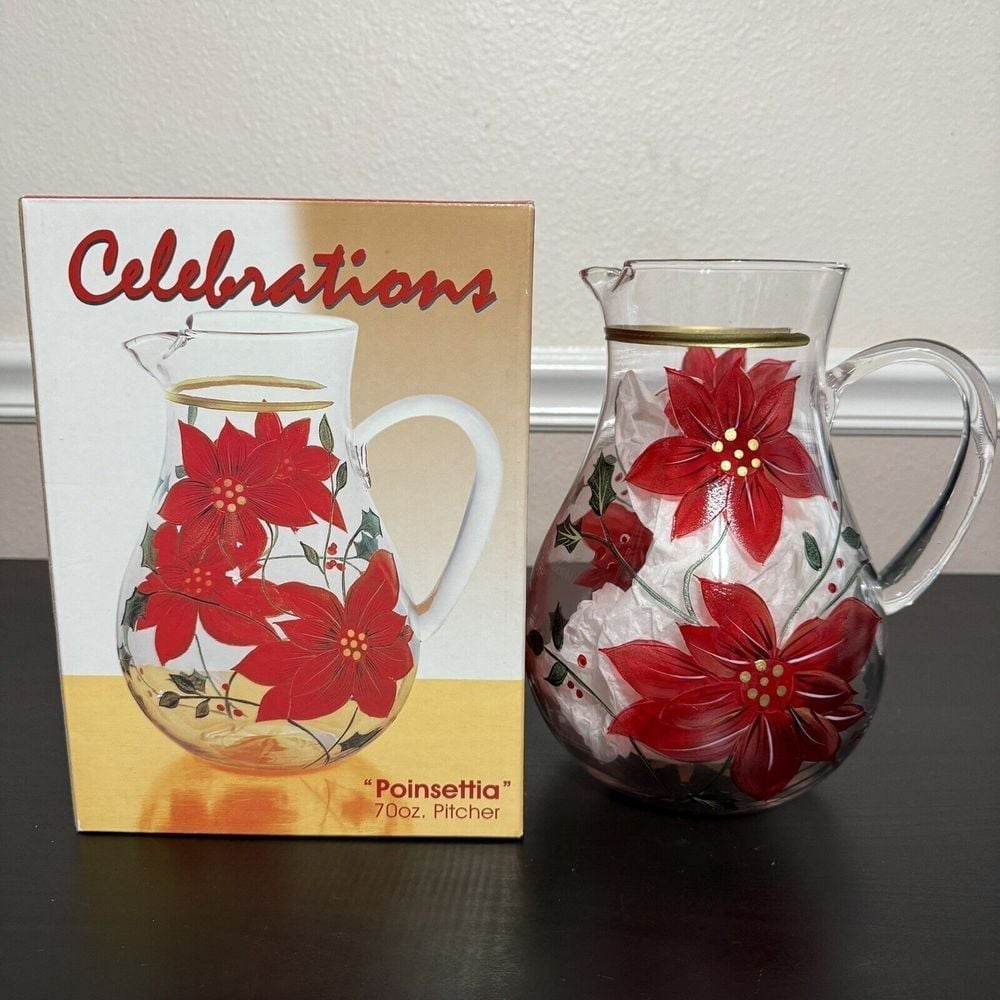 CELEBRATIONS 70 oz Poinsettia Pitcher Mouthblown Hand Painted New In Box Vintage