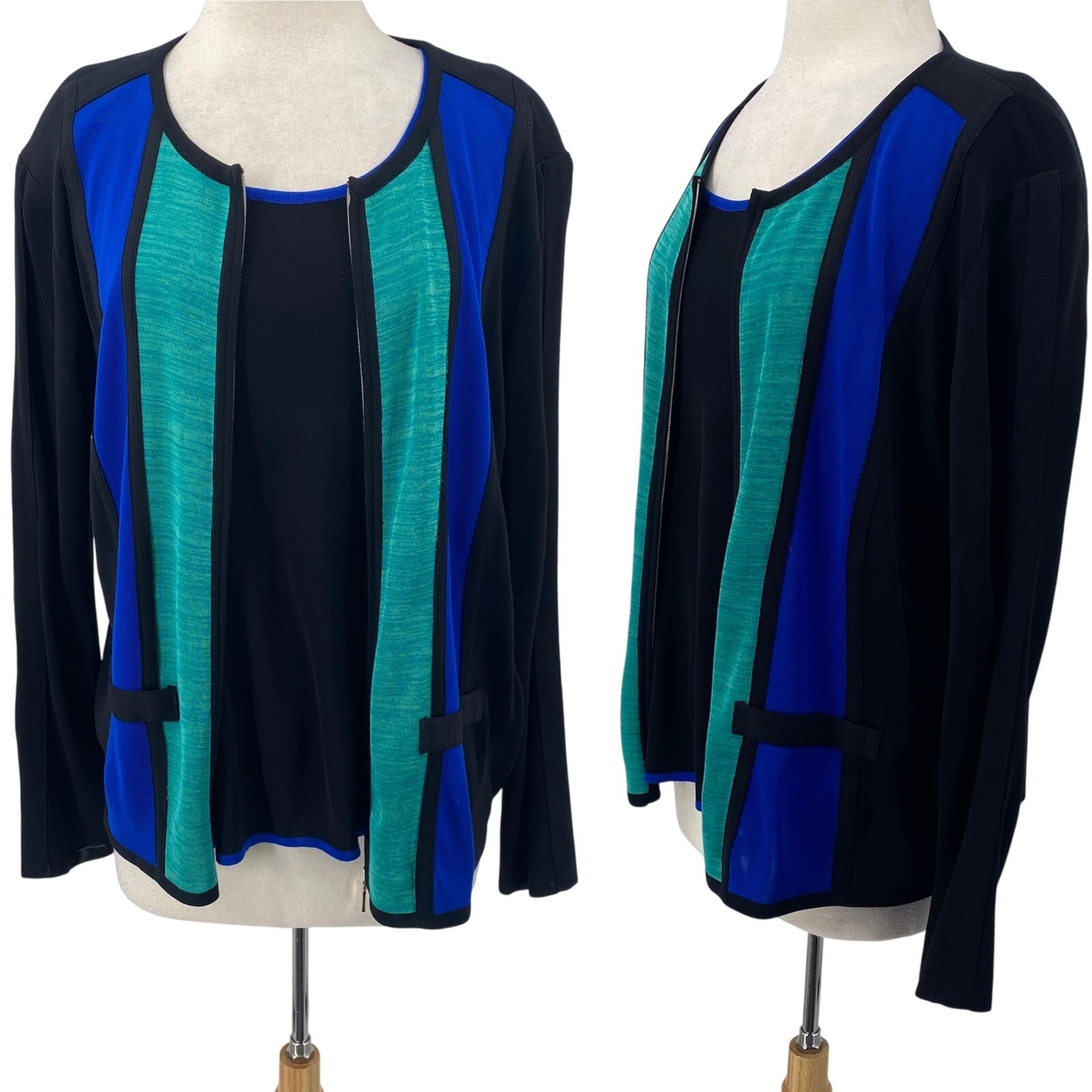 Misook Colorblock Matching 2 Piece Sweater Set Tank Cardigan Black Teal Blue XL