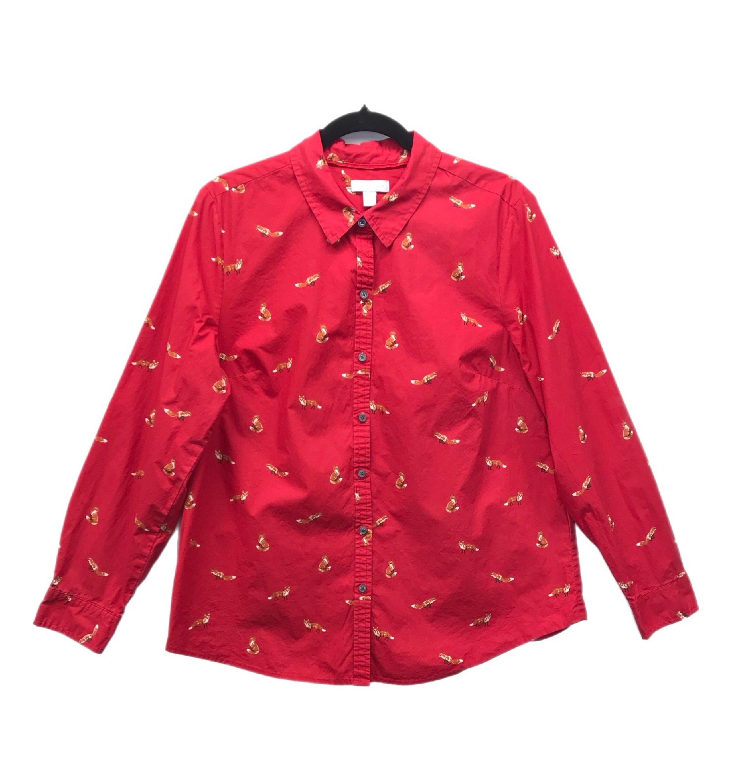 Charter Club Top Women’s Size L Red With Fox Print Button Up LS 100 % Cotton