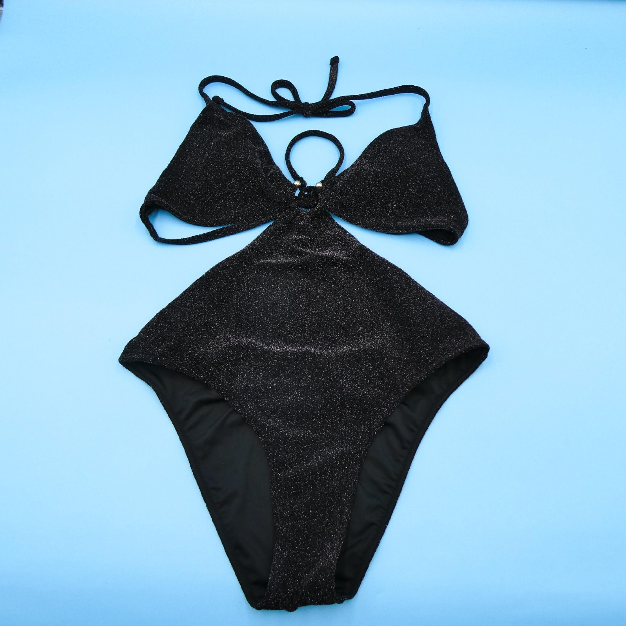 Victorias Secret Medium Black Shimmer Padded Halter Cutout One Piece Swimsuit VS
