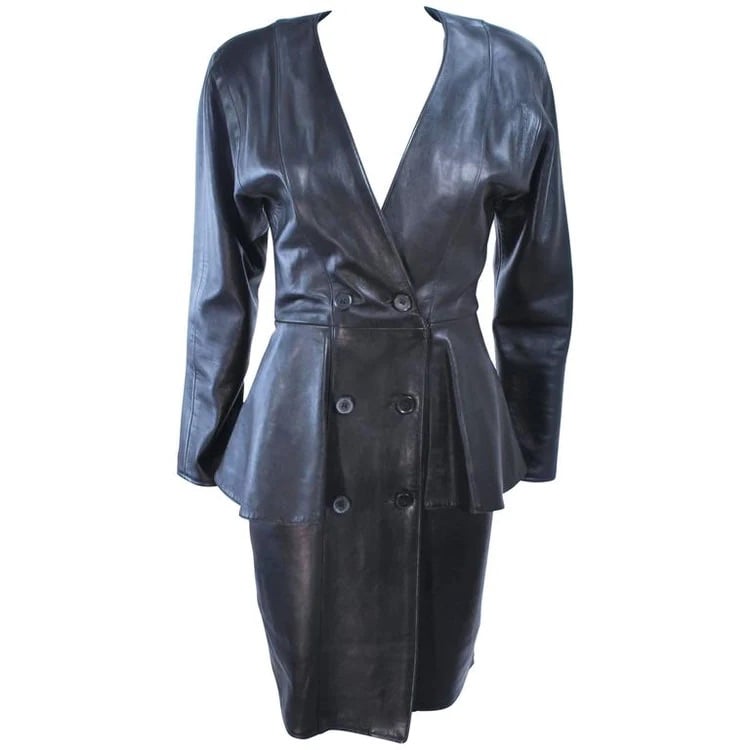 Vakko 100% Black Leather Peplum Pencil Suit Dress 10 Vintage