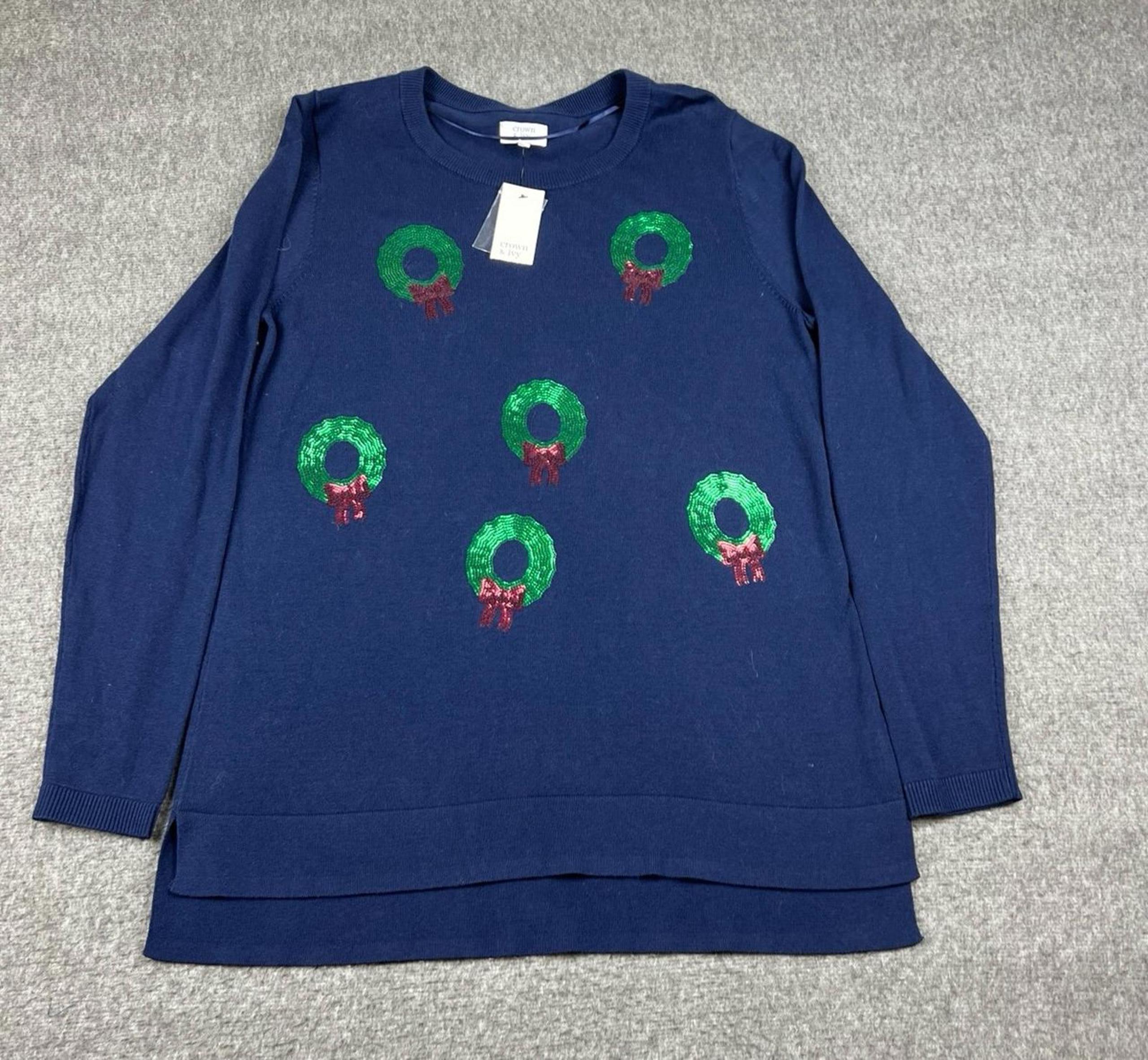 Crown & Ivy Navy Holiday Sweater Wreath Design Size Medium