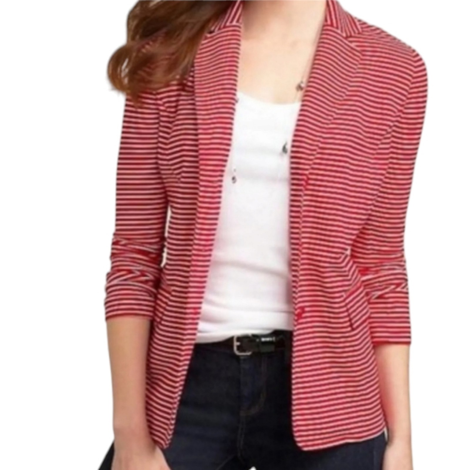 Talbots Red & White Striped Three Button Knit Blazer Size LP