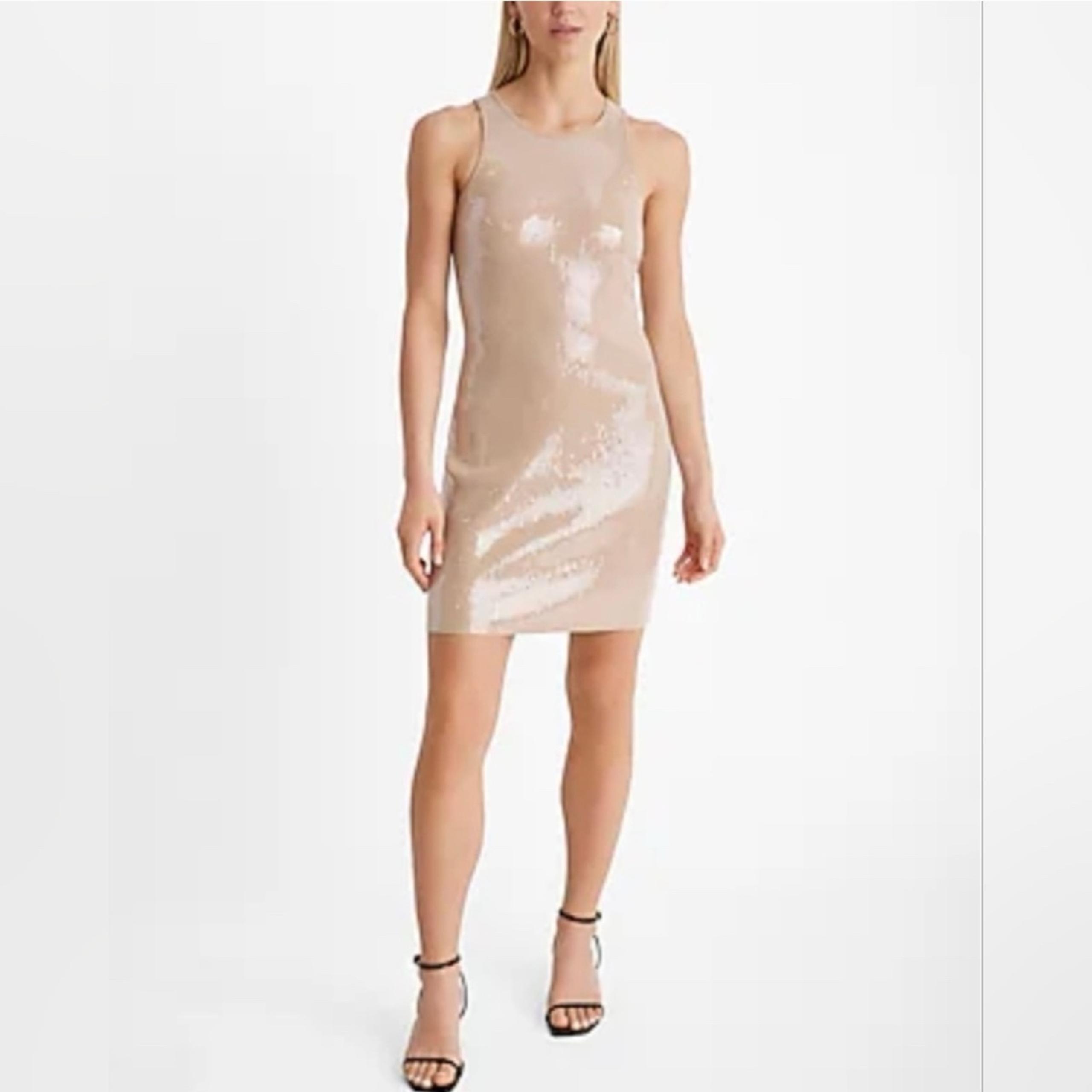 Express Beige Sequin High Neck Sleeveless Mini Sheath Dress
