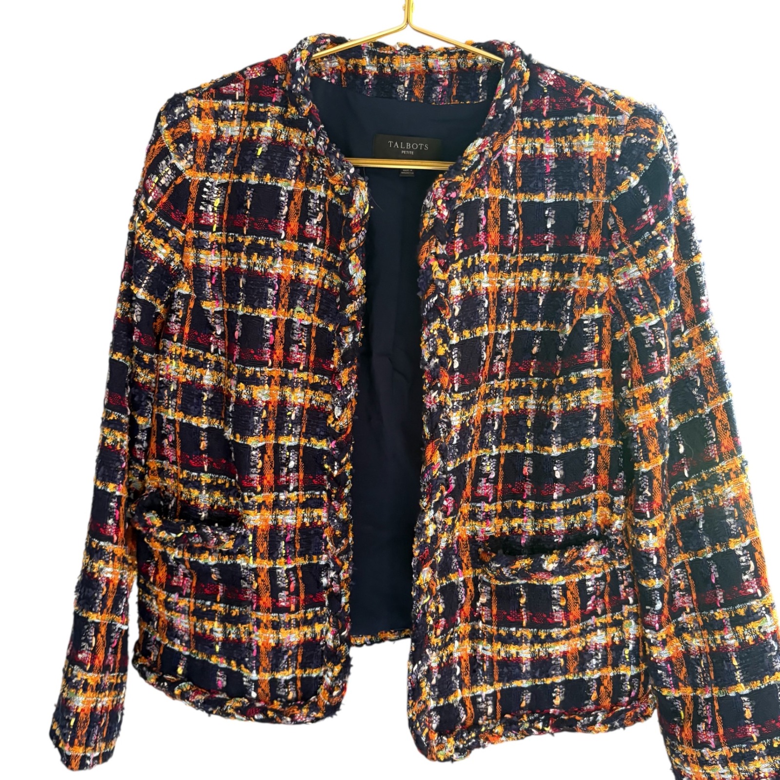 Talbots Tweed Blazer Jacket in sunflower plaid Open Front Colorful Plaid 6P