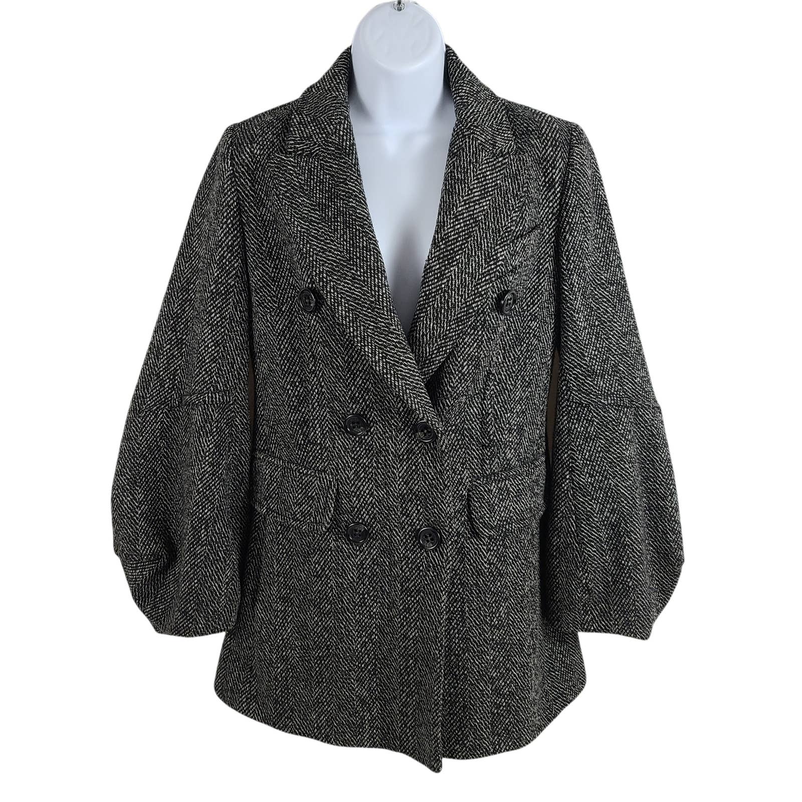 BCBGMaxAzria Puff Sleeve Herringbone Wool Double Breasted Pea Coat
