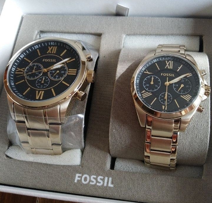 Fossil Gold & Black Men Women Watch Set