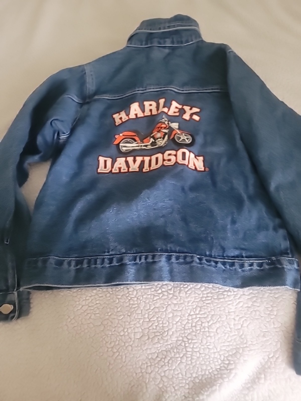 Harley Davidson Youths Button Up Jean Jacket Size L 12/14 Blue Graphic Motorcycl