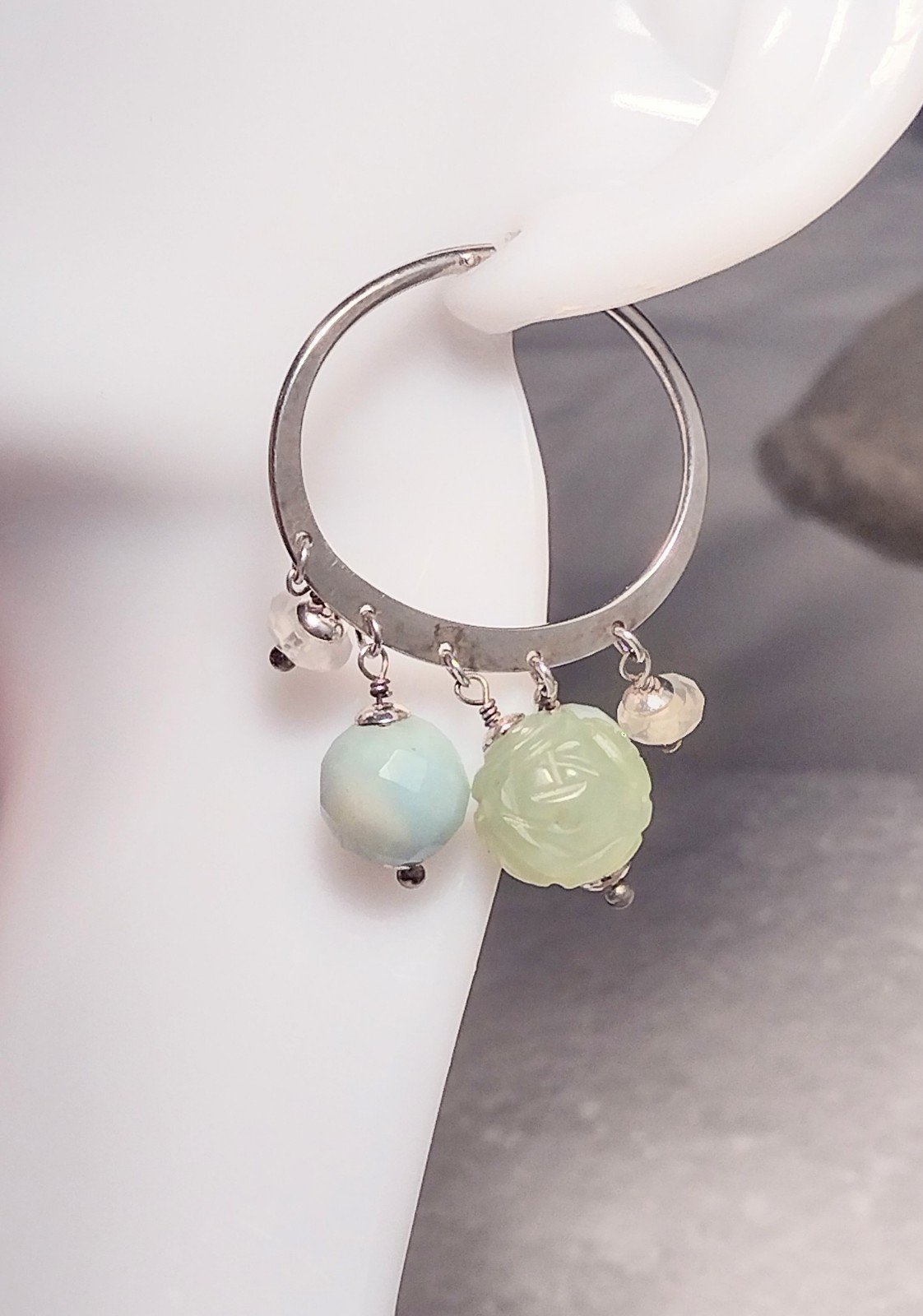 14k Gold Carved Jade Beaded Sterling Silver Hoop Earrings Signed
