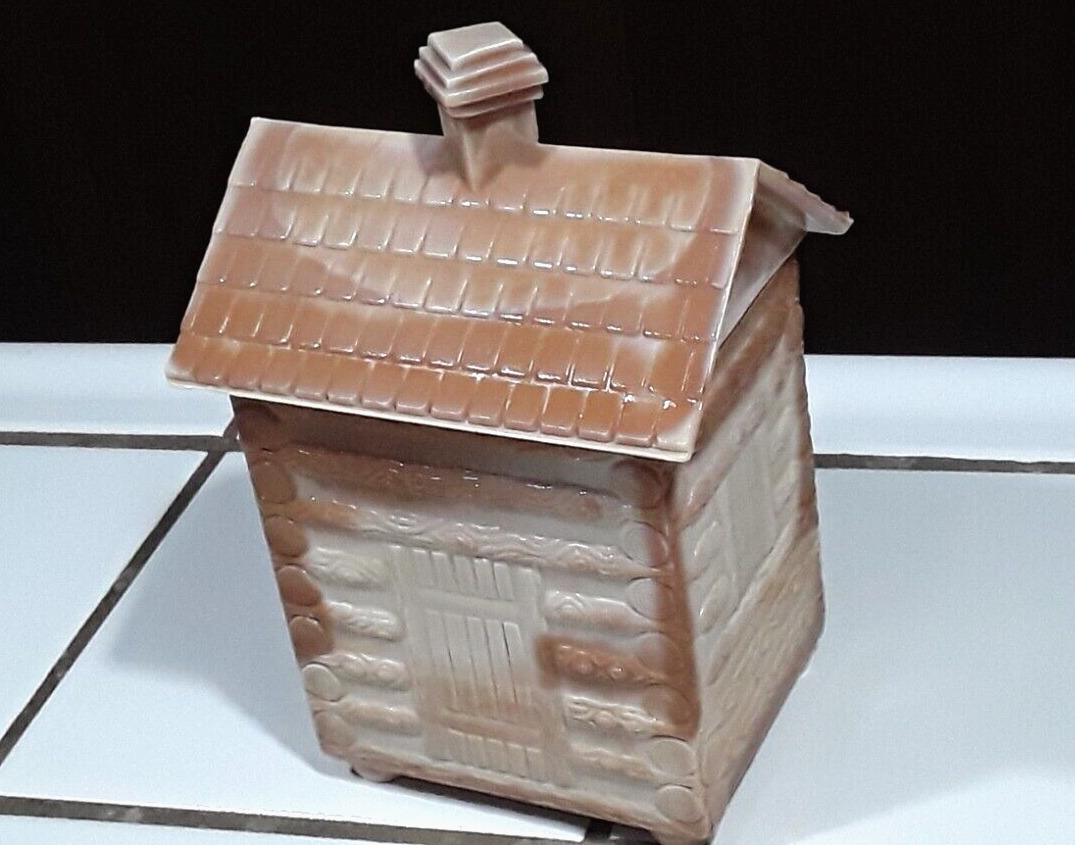 Vintage CARAMEL SWIRL Slag Glass LOG CABIN Lidded Sugar Bowl Jar Candy Dish