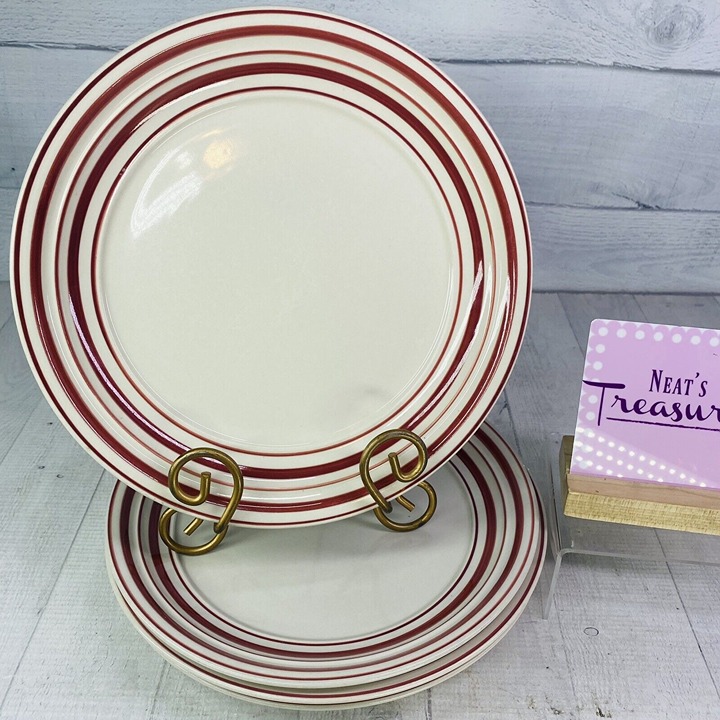 Gibson GID443 Thick & Thin Red Bands Oven Safe Ceramic 10.5 Dinner Plates Set 4