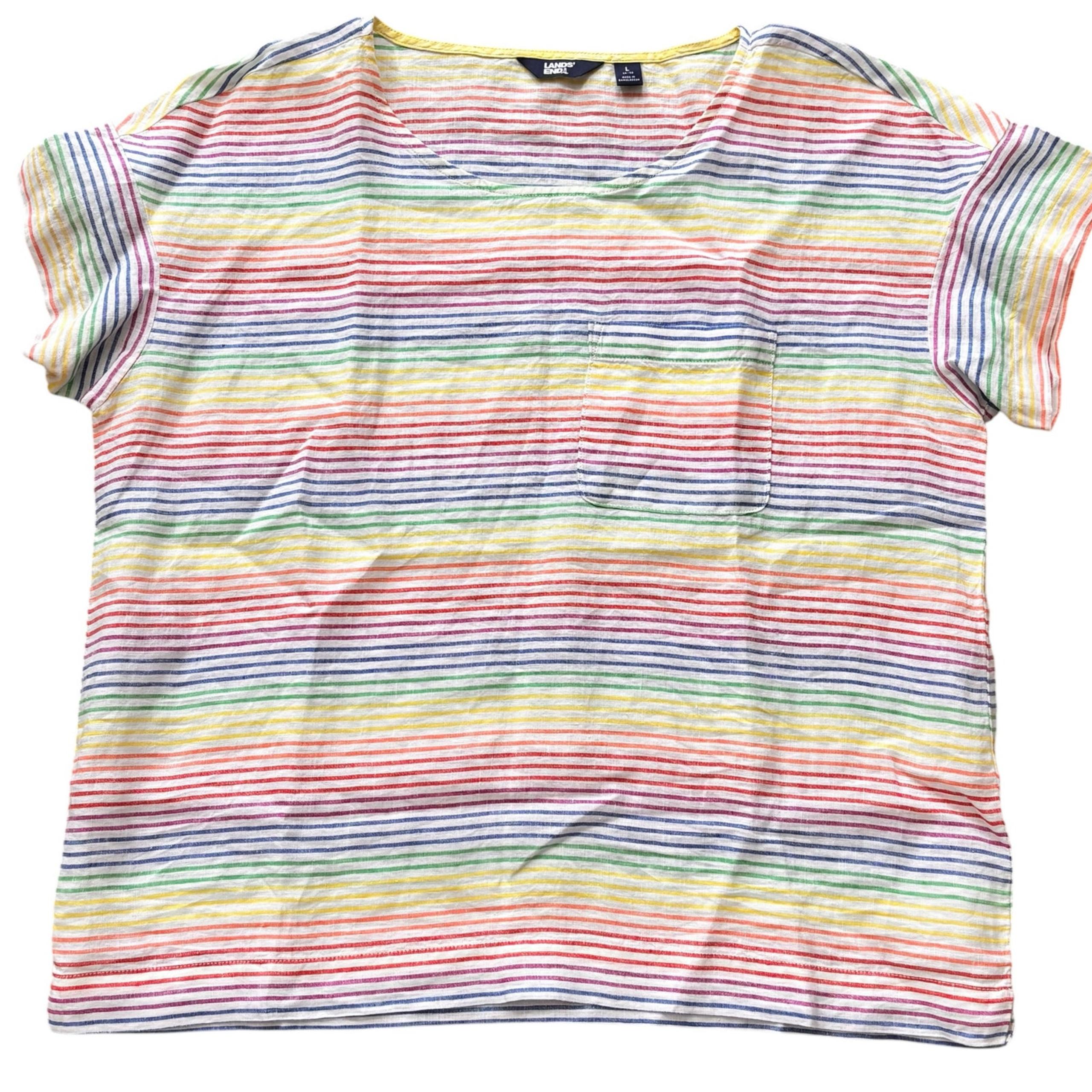 Lands End Top Women’s Large Colorful Rainbow Stripe 100% Linen Chest Pocket Top
