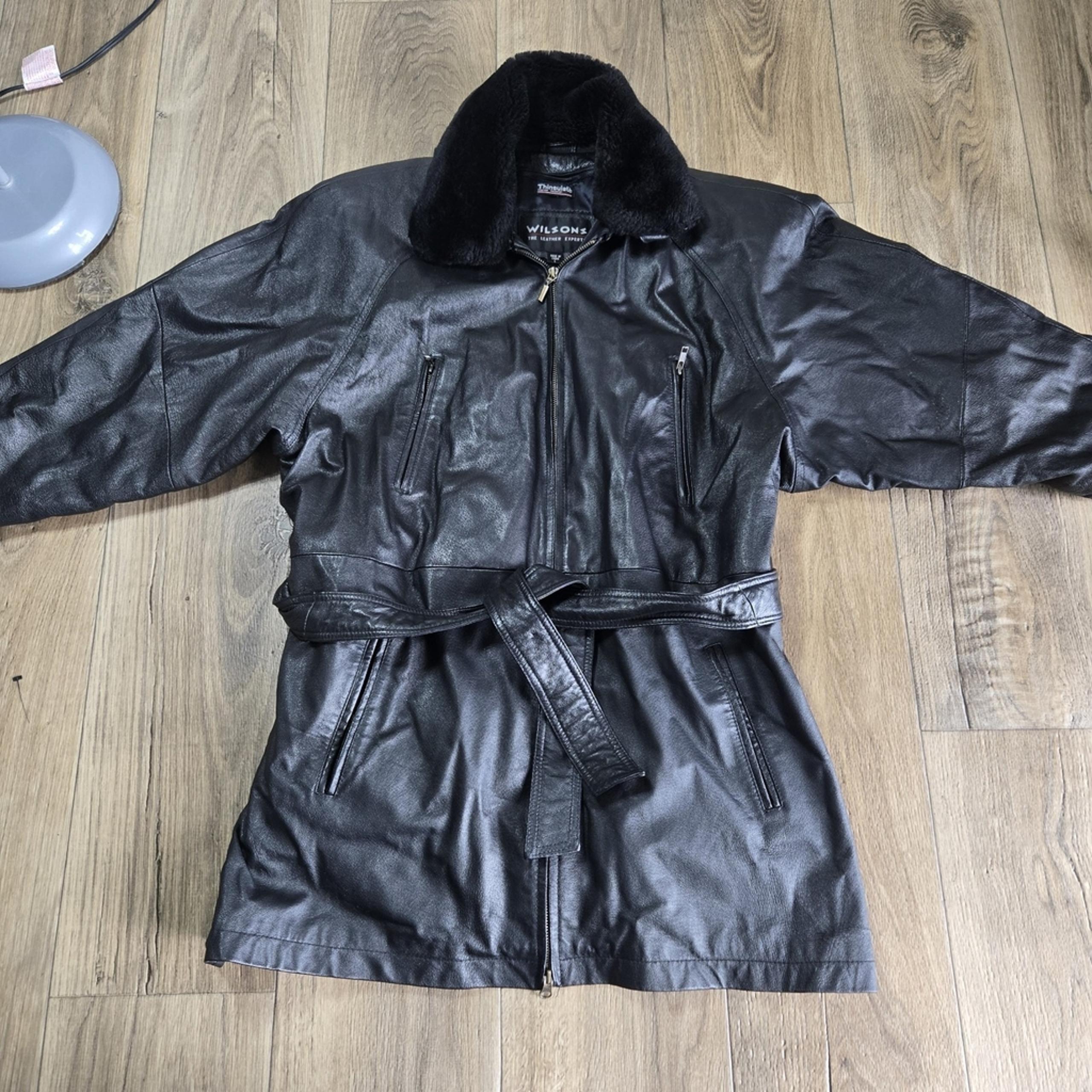 WILSONS Black Leather Lightly Insulated Parka w/Faux Fur Collar Women's SZ L VTG