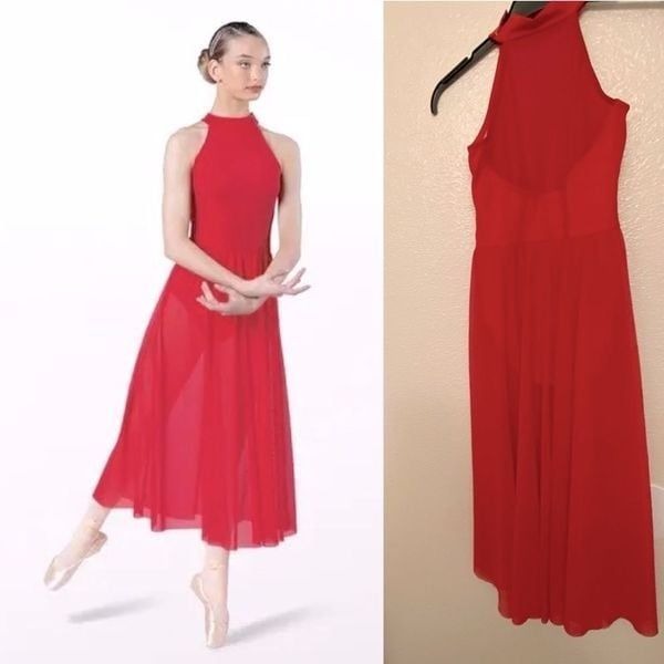 WEISSMAN Dance Costume red mesh maxi dress Fade To Black 13366 MC-Medium child