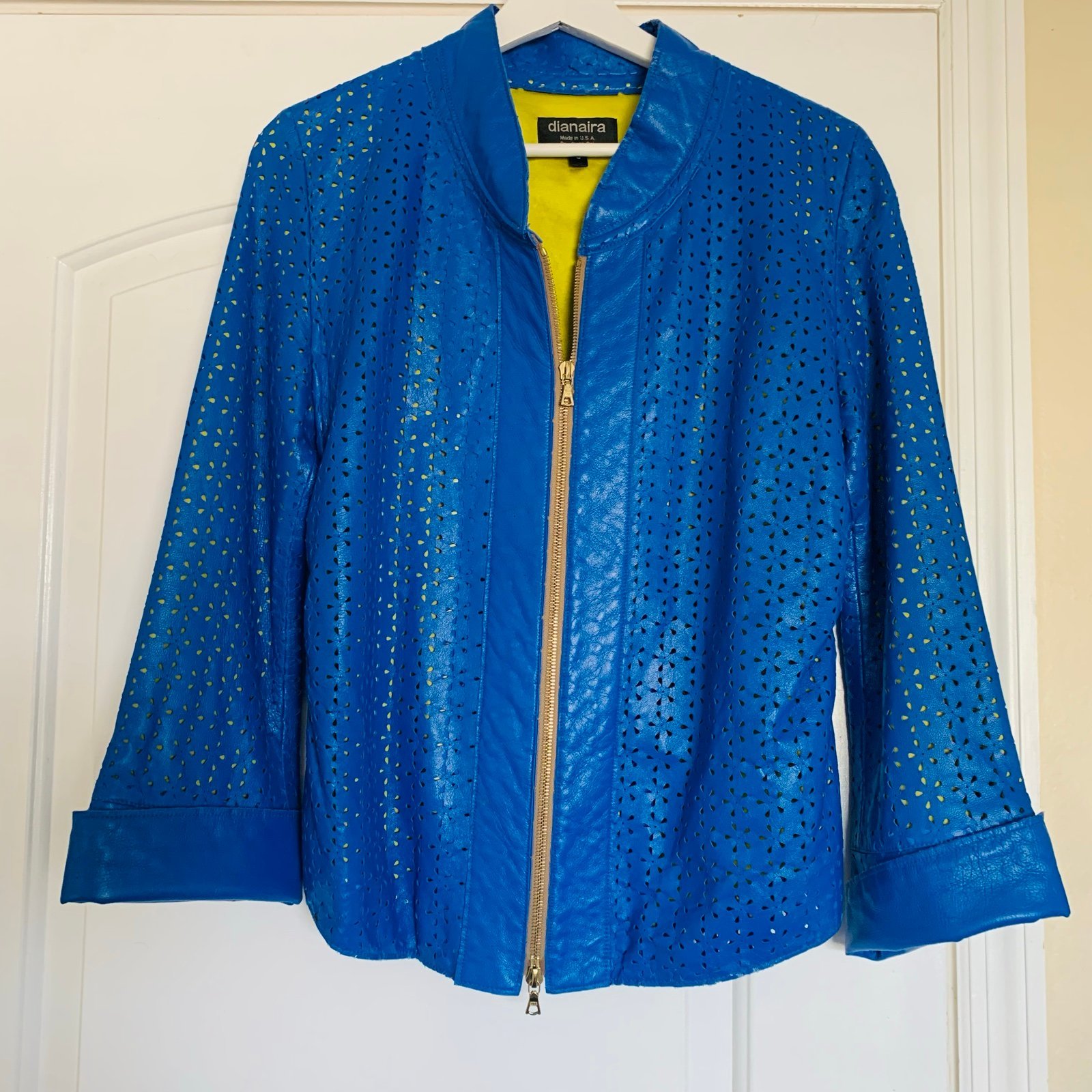 dianaira Royal Blue Perforated Floral Pattern Lambskin Leather Blazer Jacket