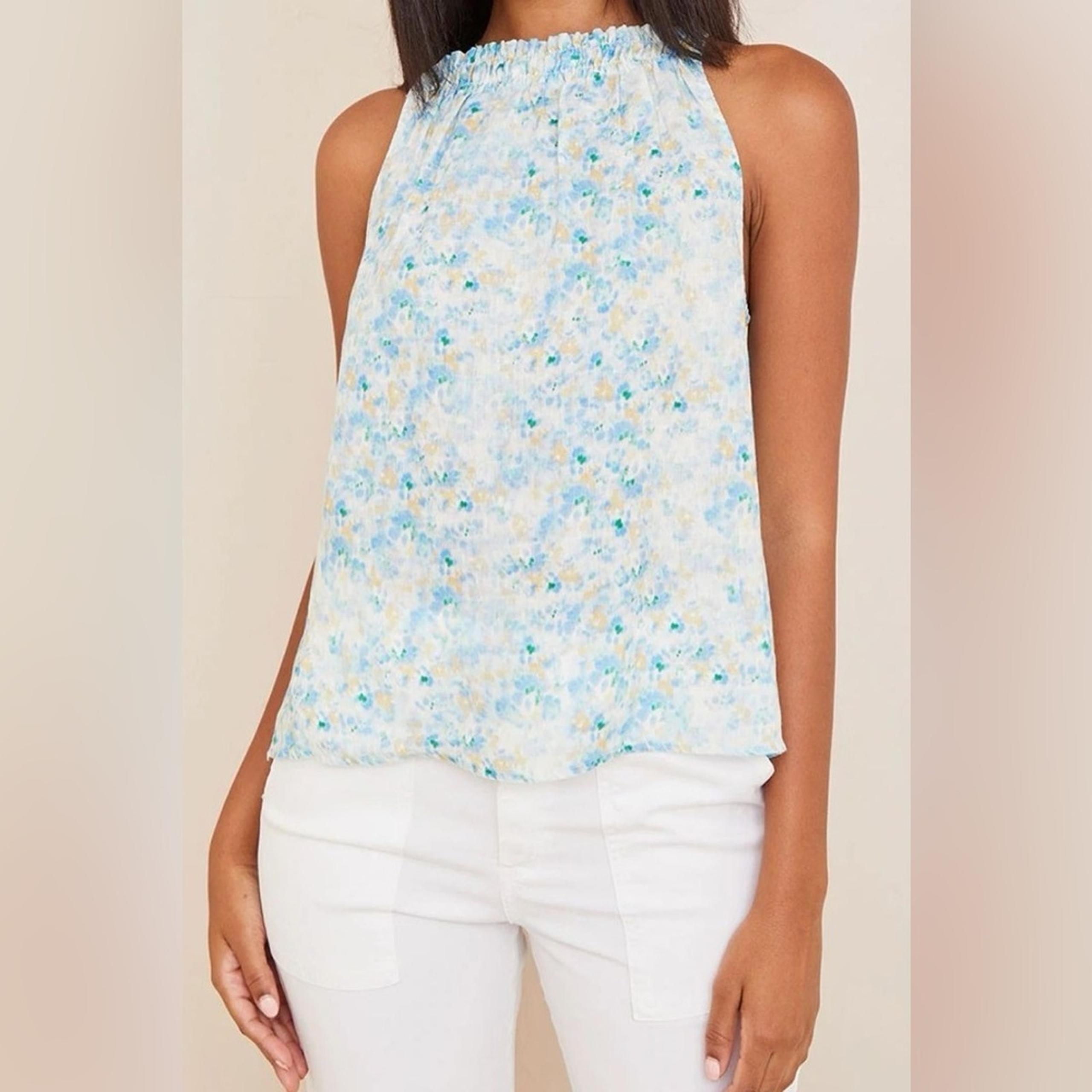 Bella Dahl Shirred Halter Top in Blue Floral Dye Print 100% Linen Blouse Size L