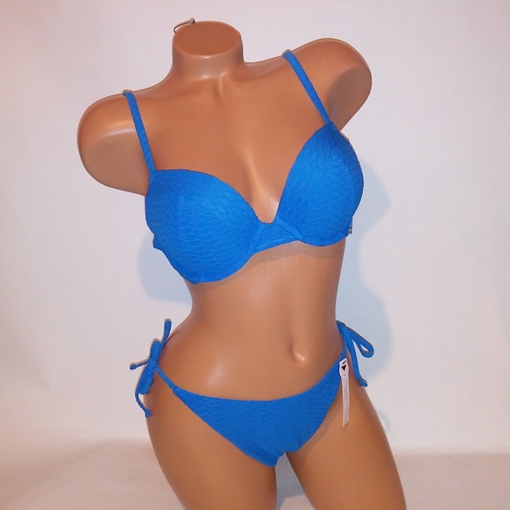 Victoria Secret Swim Bikini Top & Bottom Cheeky Blue Push Up Textured 36B/M