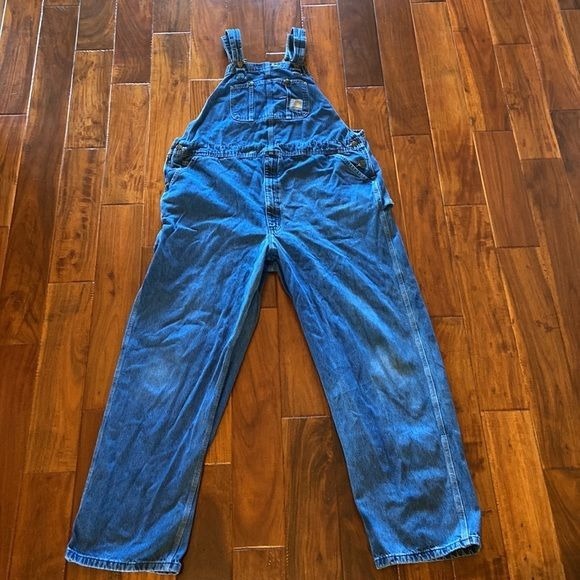 Men’s Carhartt Bib Overalls Denim Medium Wash in Size 46x34 [EXCELLENT]