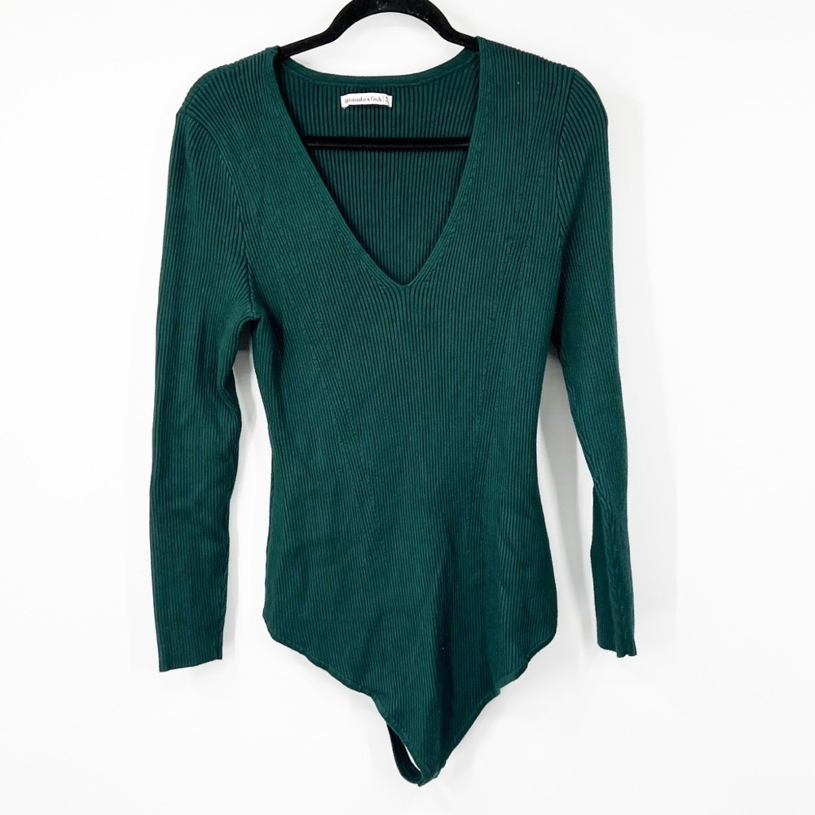 Abercrombie & Fitch V-Neck Knit Ribbed Long Sleeve Bodysuit Green