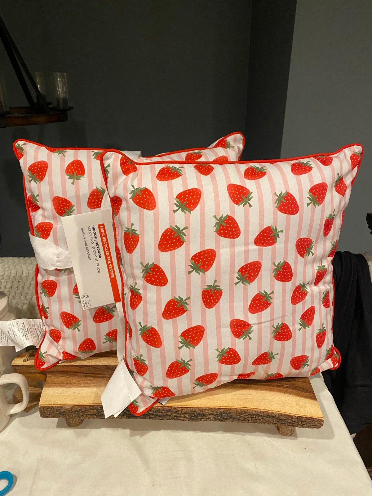 Bouffants and Broken Hearts pink striped strawberry, indoor outdoor pillows