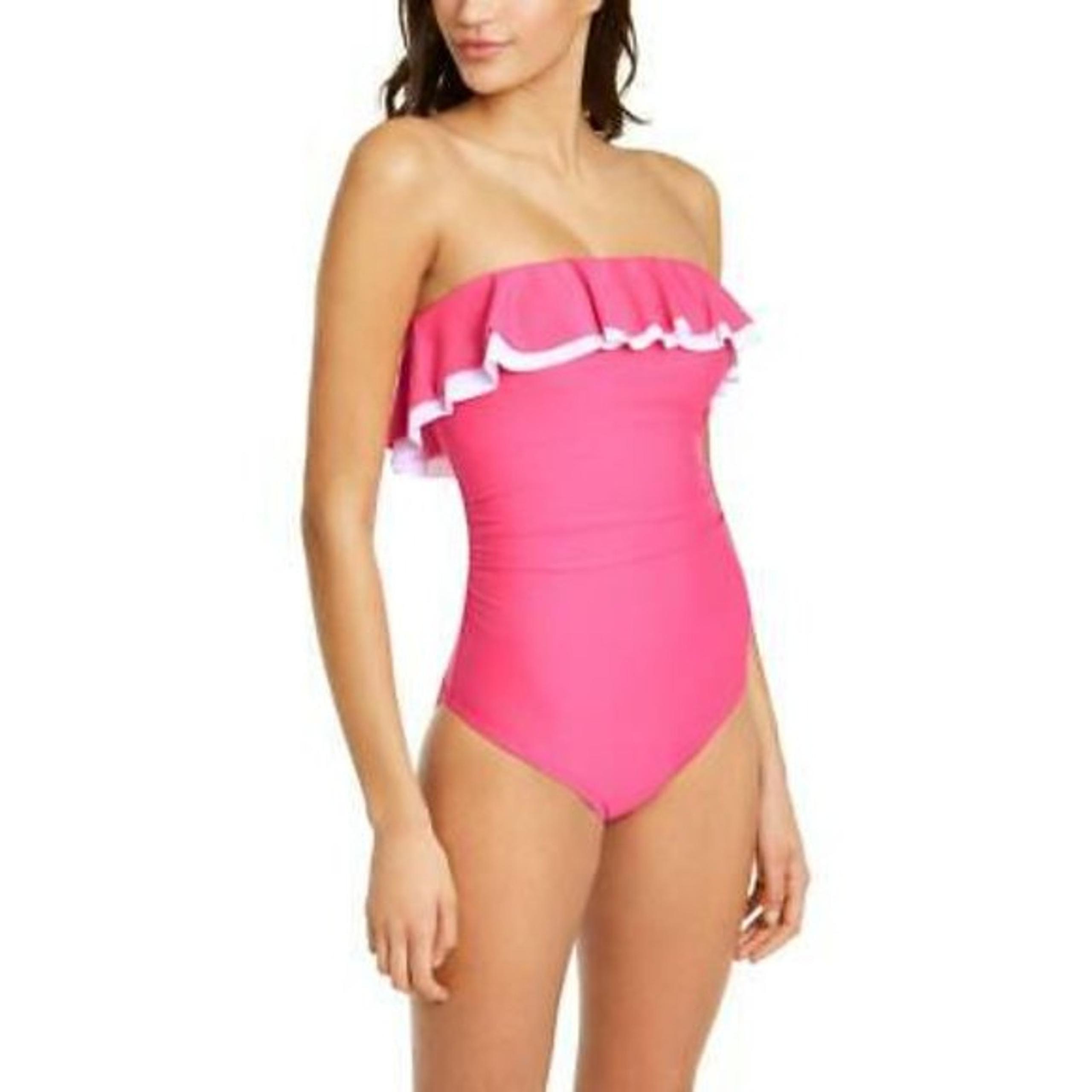 Tommy Hilfiger Pink Double Ruffle Bandeau One Piece Swimsuit NWT 8
