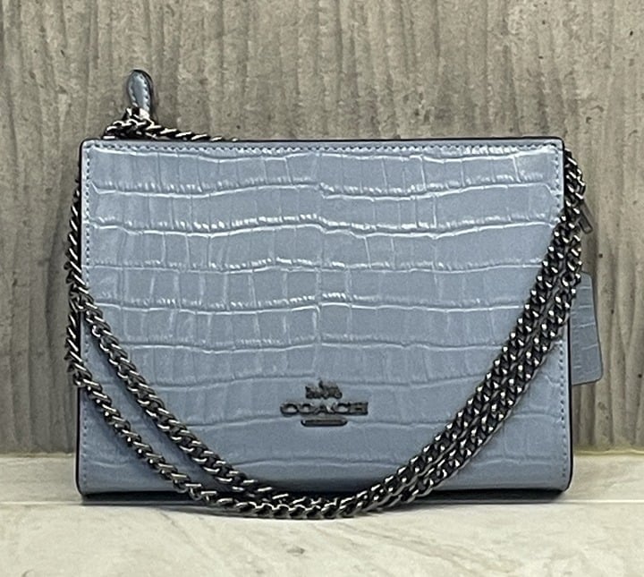 New COACH Slim Crossbody Shoulder Bag Crocodile Embossed Leather Cornflower