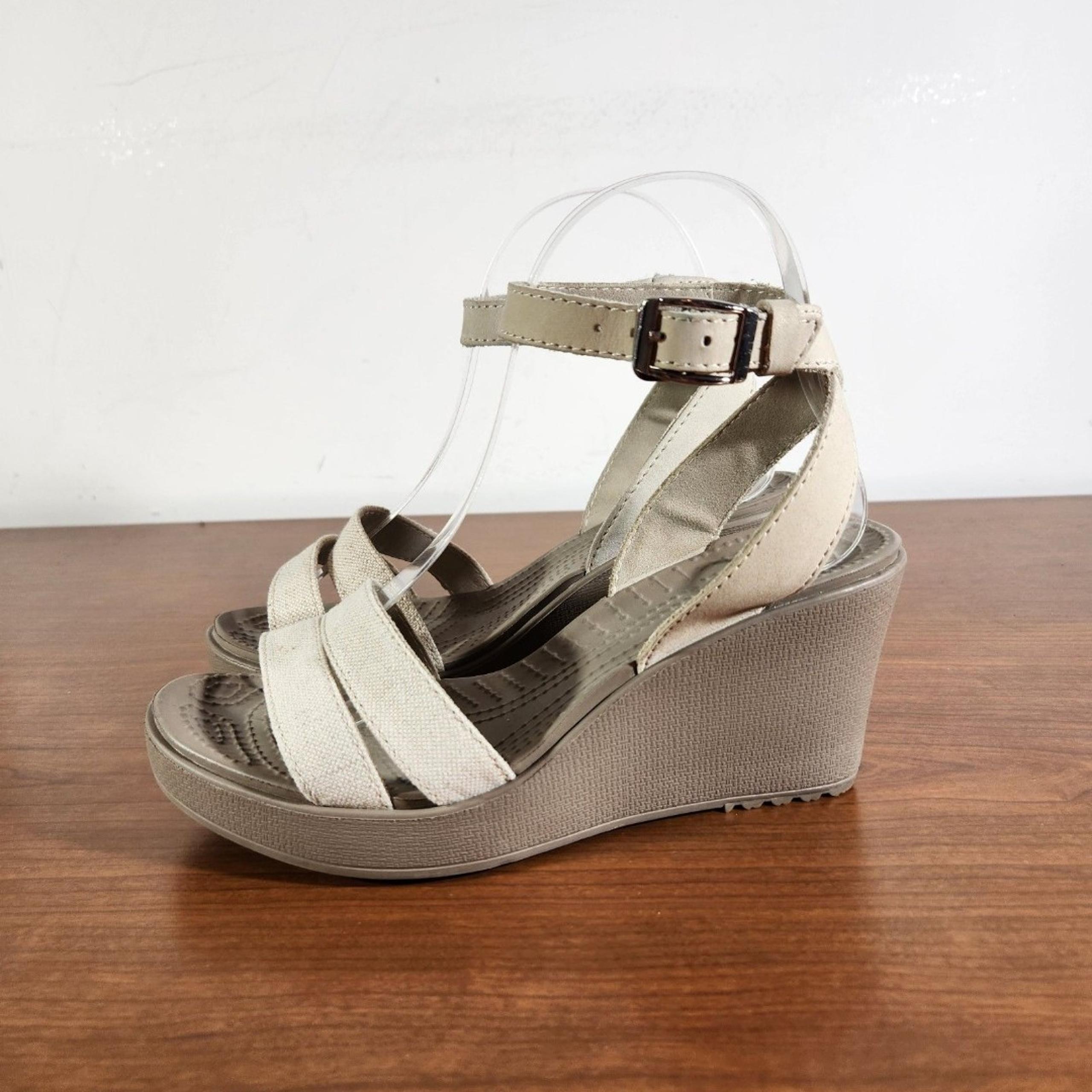 Crocs Leigh II Strap Ankle Wedge Heel Comfort Sandals Tan Buckle Women 7