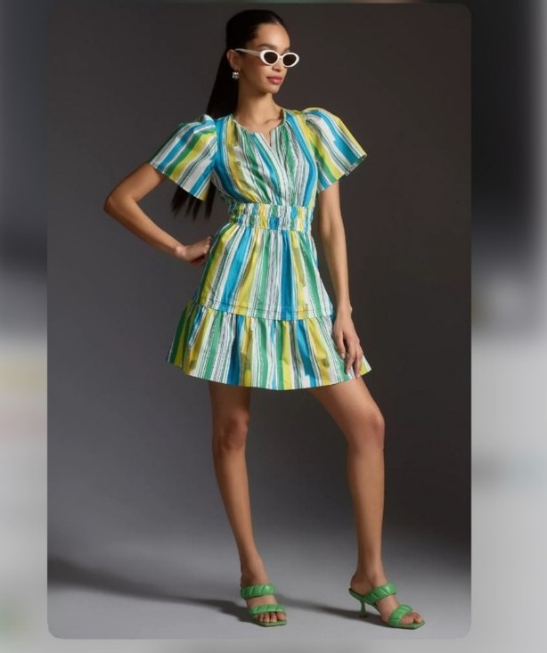 Anthropologie The Somerset Mini Dress Green Blue 100% Cotton Size M