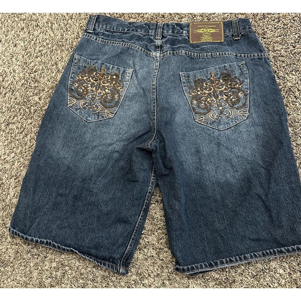 Phat Classics Mens Blue Denim Jeans Shorts Embroidered 40x13.5
