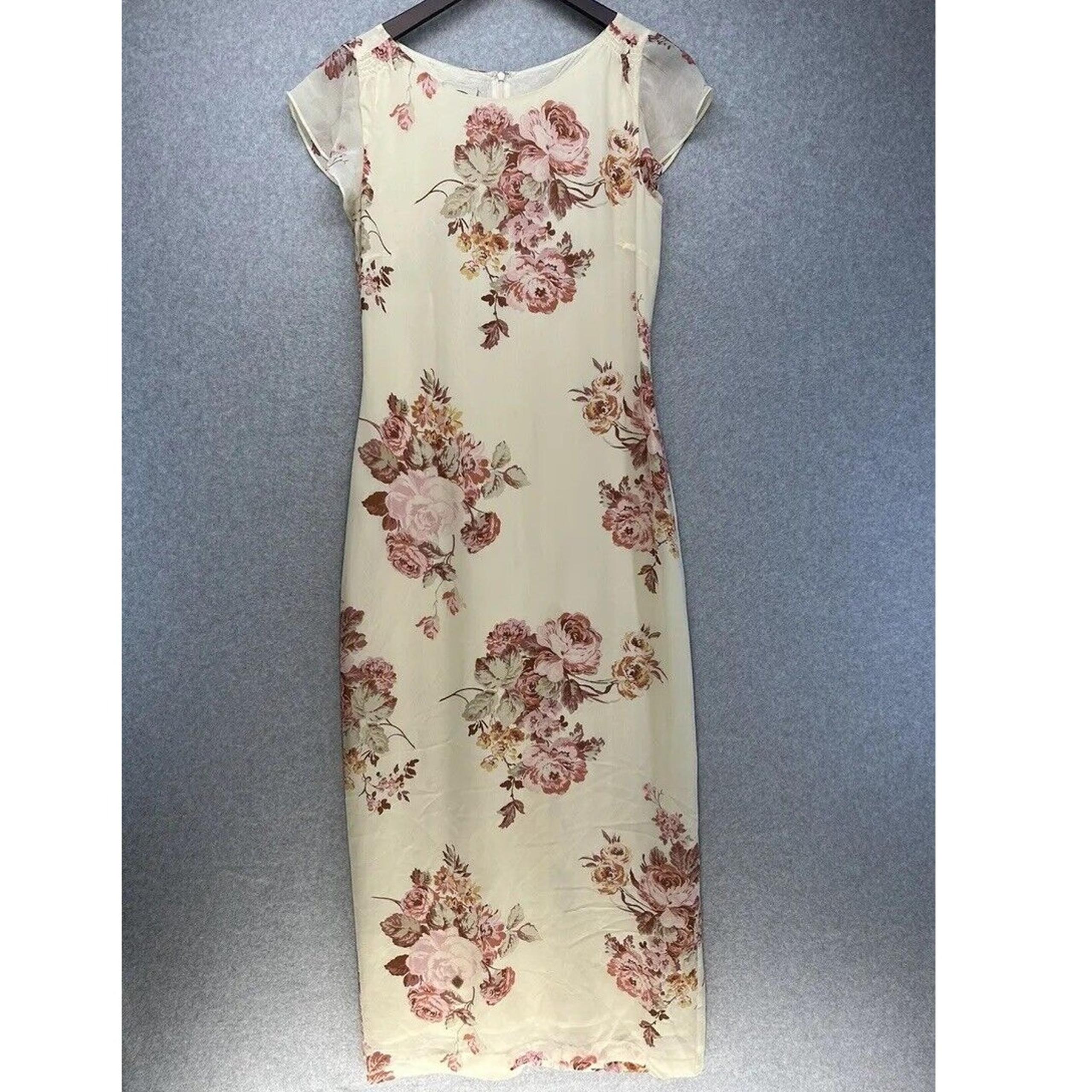 Laura Ashley Dress Vintage Silk Shift Shoulder Sheer Sleeve Cream Rose Floral 4