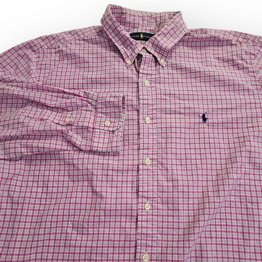 Ralph Lauren XXL Pink & White Long Sleeve 100% Cotton Men's Shirt with Logo